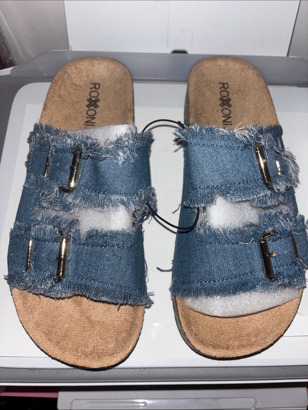 Roxxon Denim Double-Buckle Slide Sandals - Blue